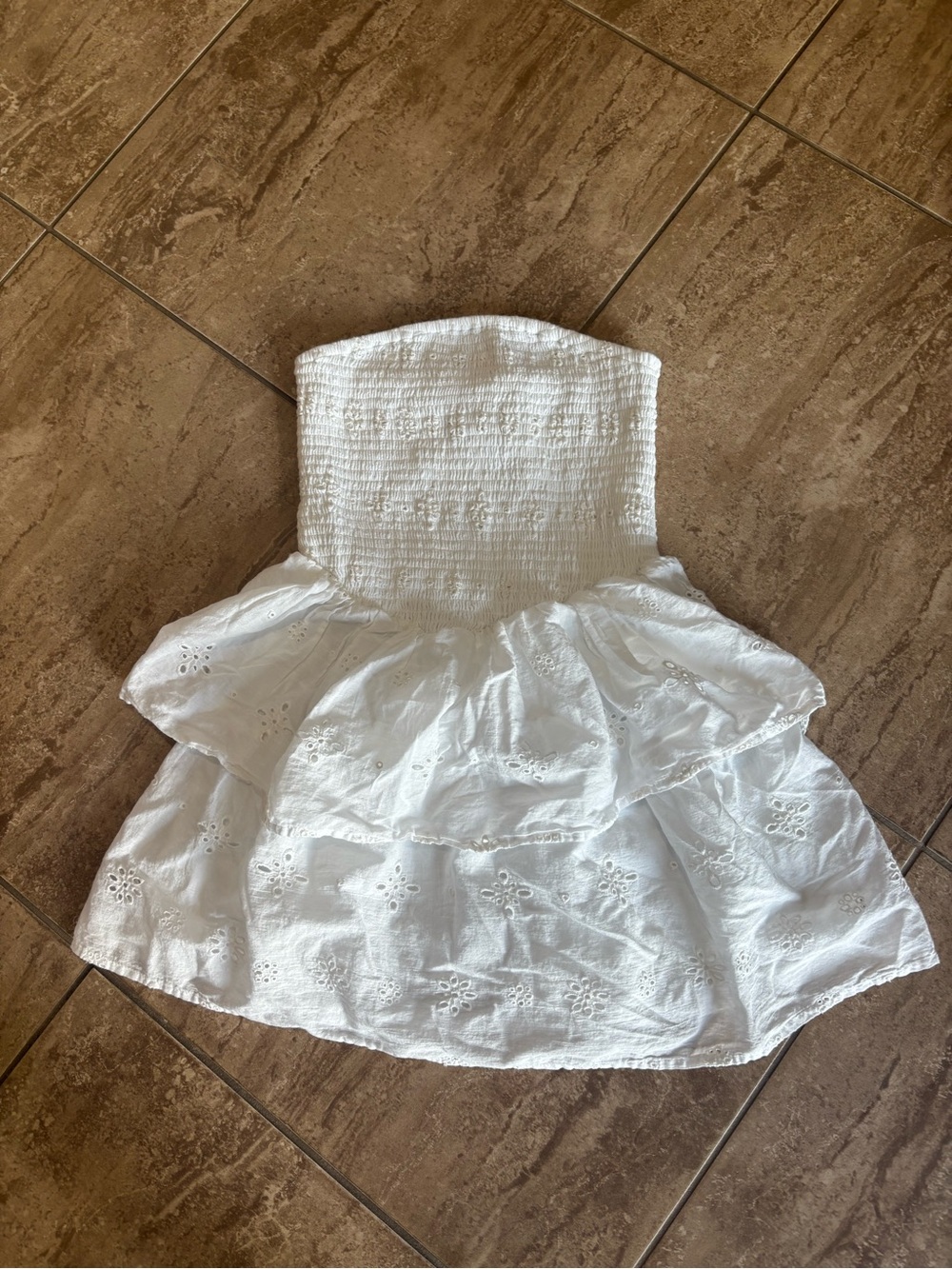 White cotton strapless eyelet lace dress